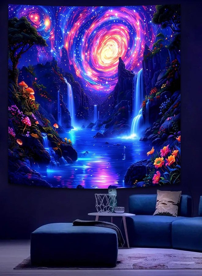 Manicer Blacklight Galaxy Waterfall Neon Tapestry - UV Reactive Glowing Cosmic Spiral Sky Glow in the Dark Nature Fantasy Landscape Wall Art for Bedroom - 59.1" x 80" - Image 2